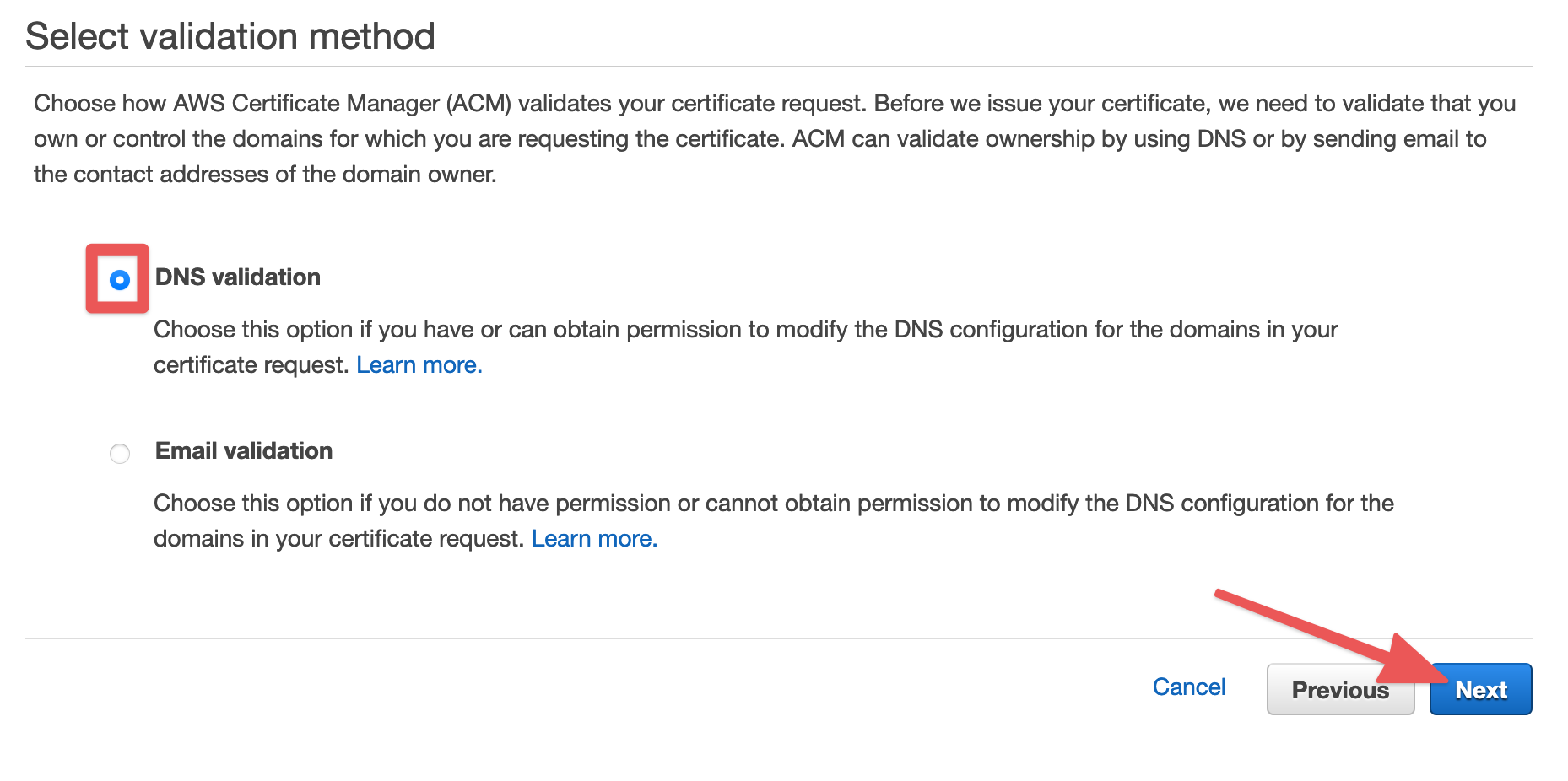 Choose DNS as validation method